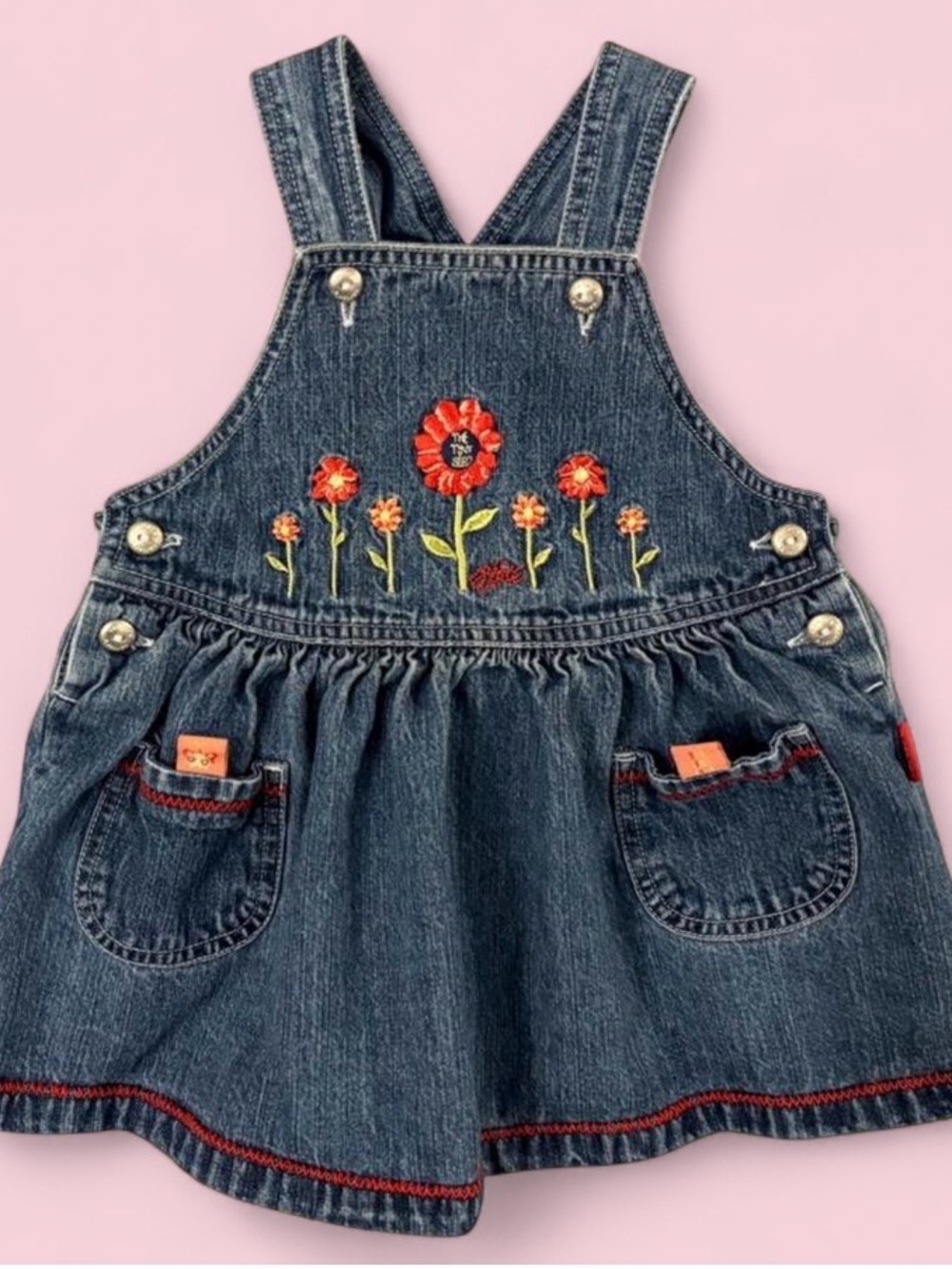 Vintage Carter’s Denim Embroidered Flowers Eric Carle Overall Jumper Sz 12–18M